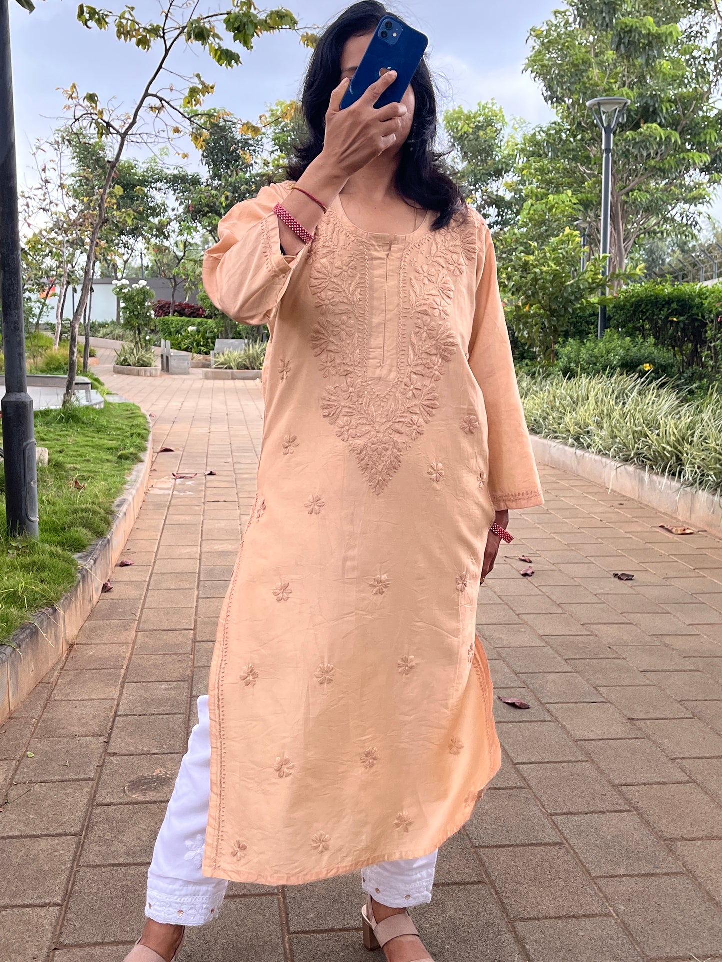 Chanderi Chikankari Solid Women's Long Kurta - Beige