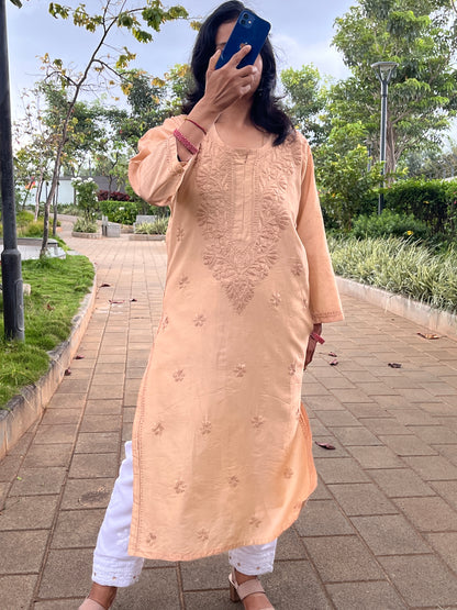 Chanderi Chikankari Solid Women's Long Kurta - Beige