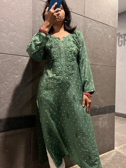 Chanderi Banarasi Dot Chikankari Solid Women's Long Kurta - Green