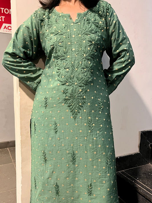 Chanderi Banarasi Dot Chikankari Solid Women's Long Kurta - Green