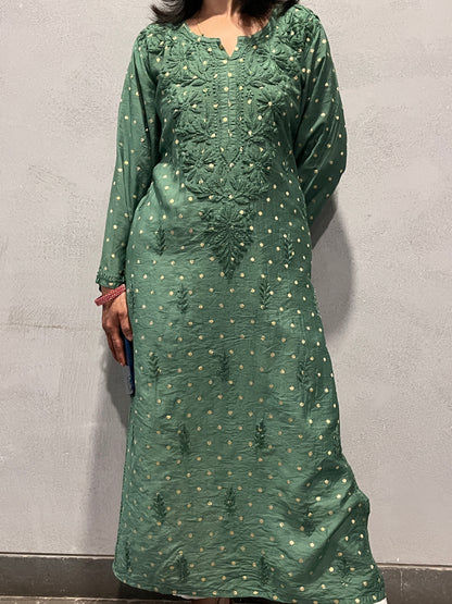 Chanderi Banarasi Dot Chikankari Solid Women's Long Kurta - Green