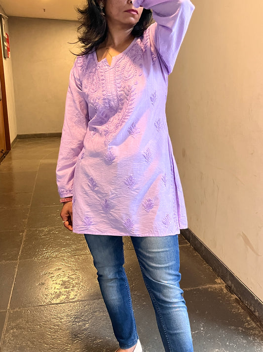 Chanderi Chikankari Solid Women's Short Kurta - Lavender