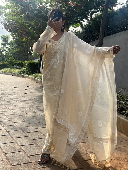 Mul Chanderi 4PC Heavy Chikankari Suit with Mukesh - Beige