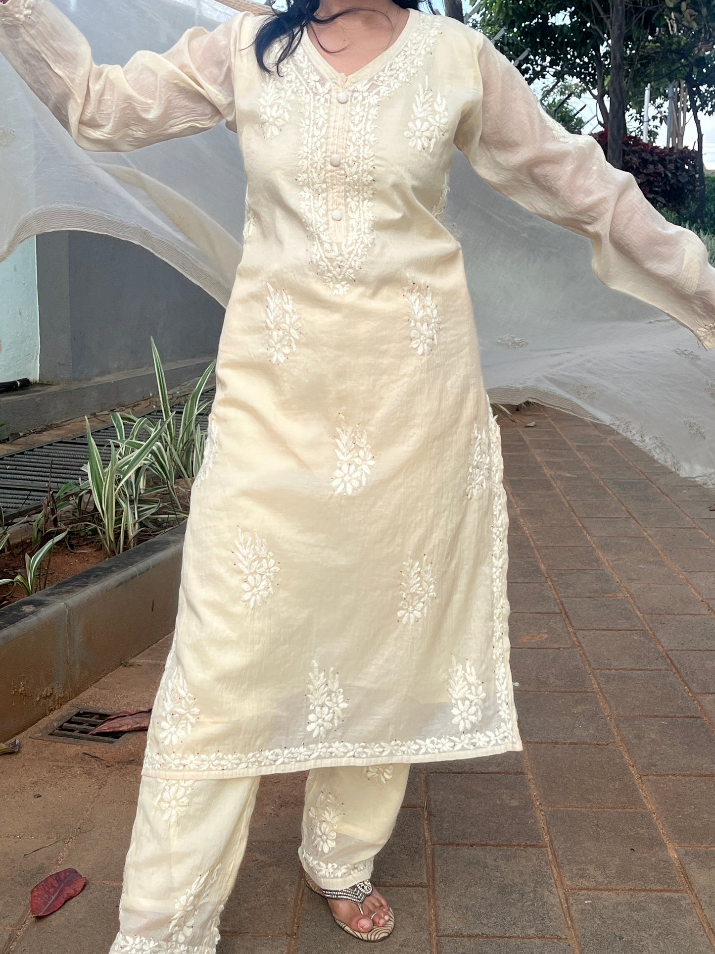 Mul Chanderi 4PC Heavy Chikankari Suit with Mukesh - Beige