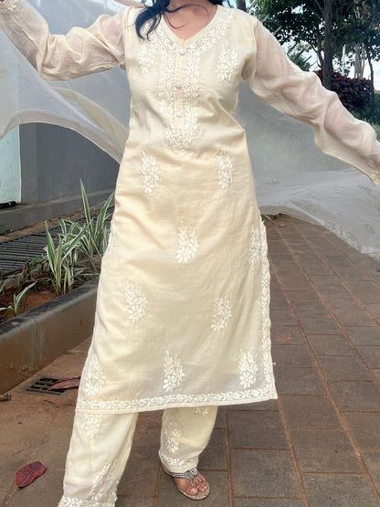 Mul Chanderi 4PC Heavy Chikankari Suit with Mukesh - Beige