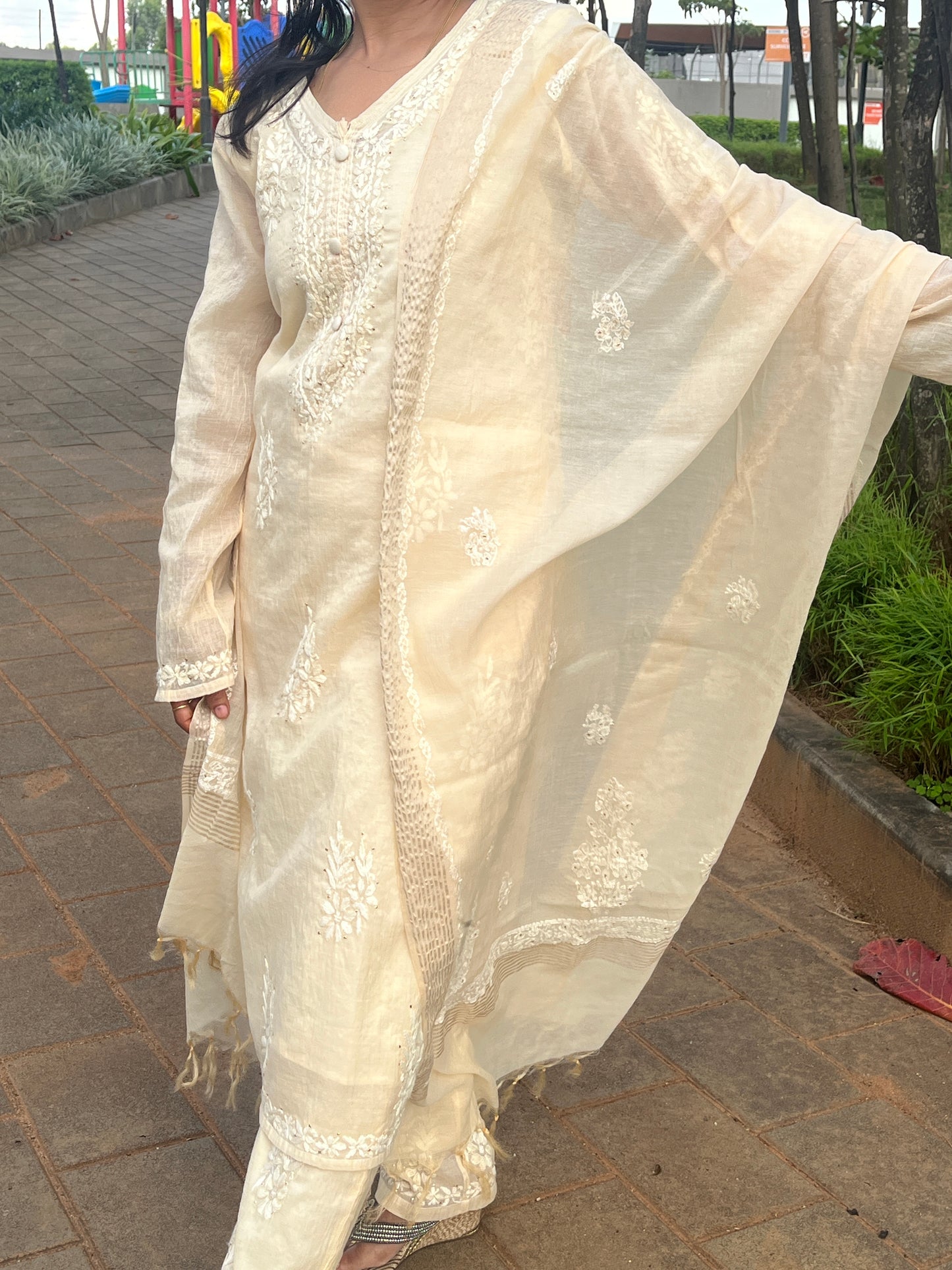 Mul Chanderi 4PC Heavy Chikankari Suit with Mukesh - Beige