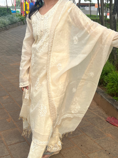 Mul Chanderi 4PC Heavy Chikankari Suit with Mukesh - Beige