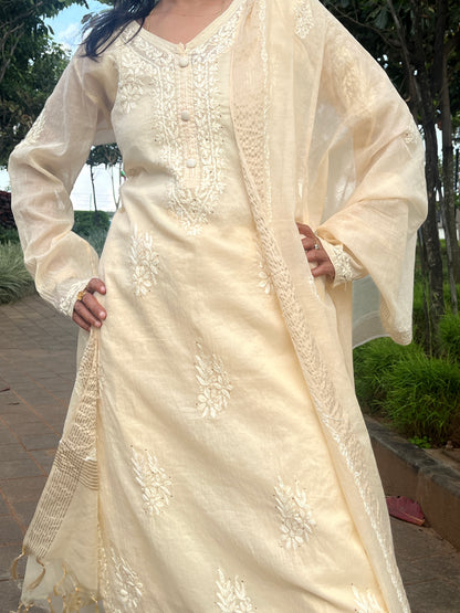 Mul Chanderi 4PC Heavy Chikankari Suit with Mukesh - Beige