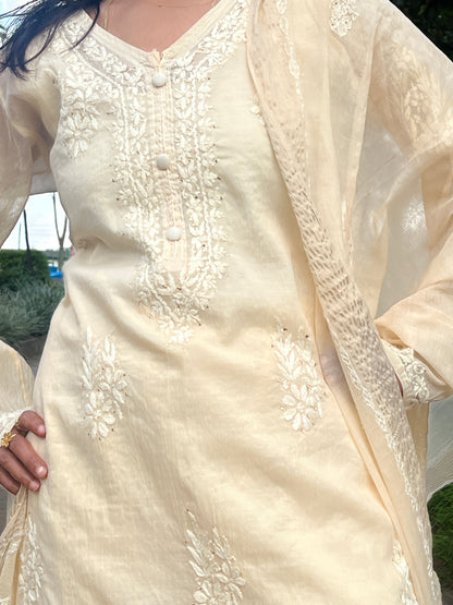 Mul Chanderi 4PC Heavy Chikankari Suit with Mukesh - Beige