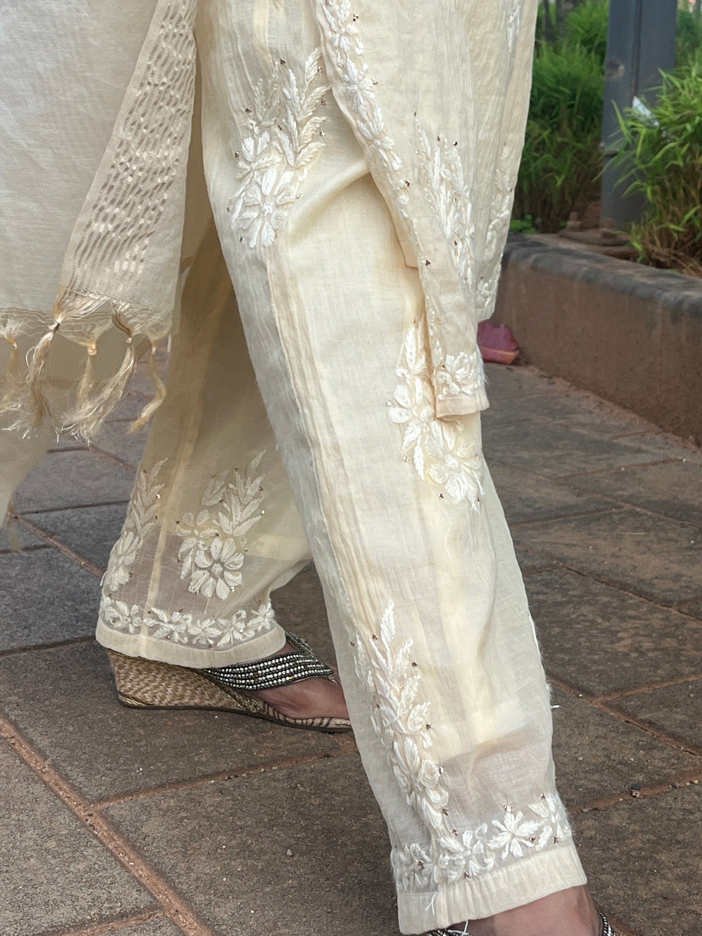 Mul Chanderi 4PC Heavy Chikankari Suit with Mukesh - Beige