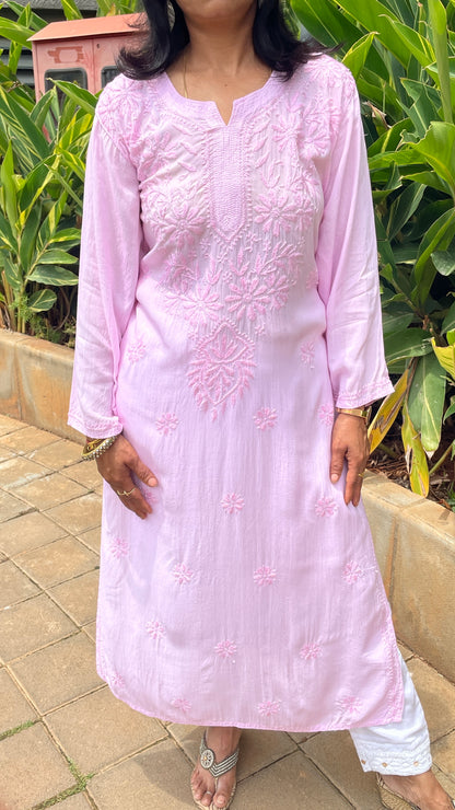 Modal Chikankari Women's Long Kurta - Pink