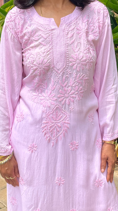 Modal Chikankari Women's Long Kurta - Pink