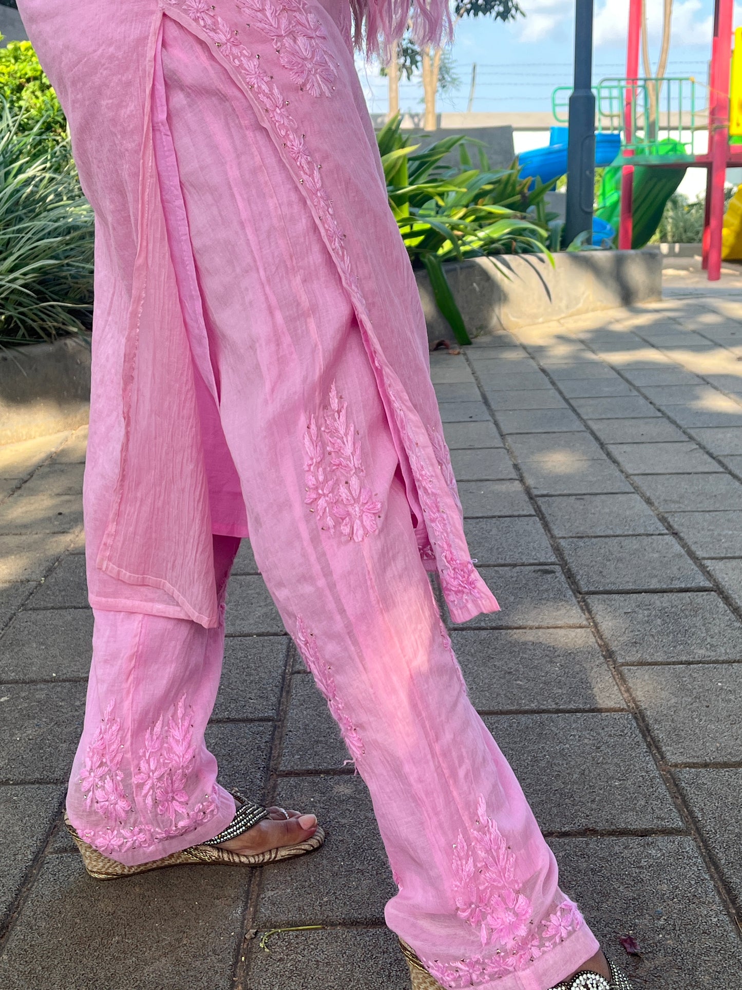 Mul Chanderi 4PC Heavy Chikankari Suit with Mukesh - Pink