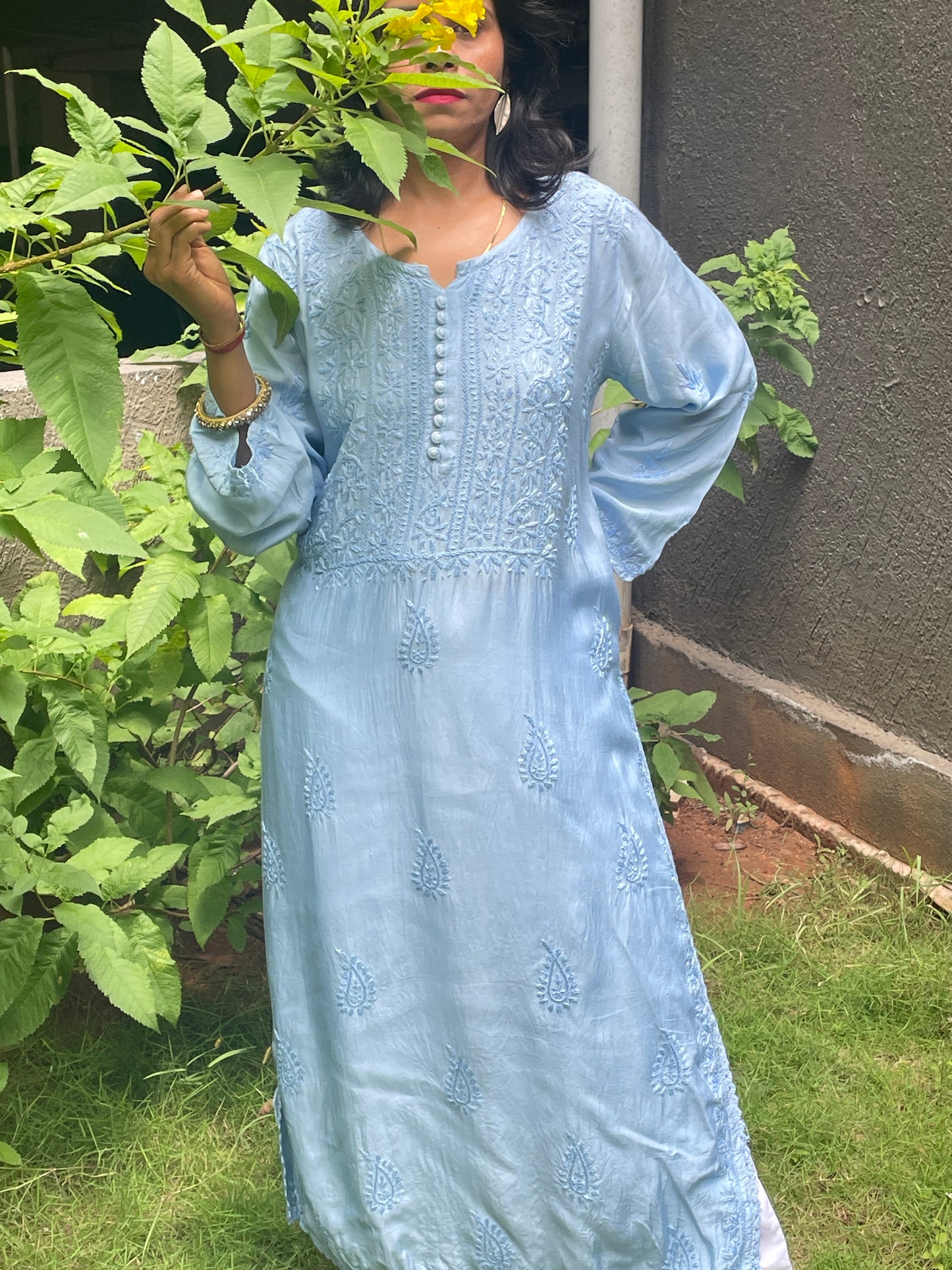 Muslin Chikankari Solid Women's Long Kurta - Blue