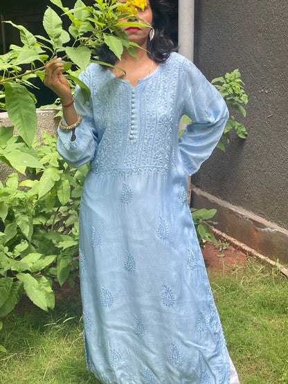 Muslin Chikankari Solid Women's Long Kurta - Blue