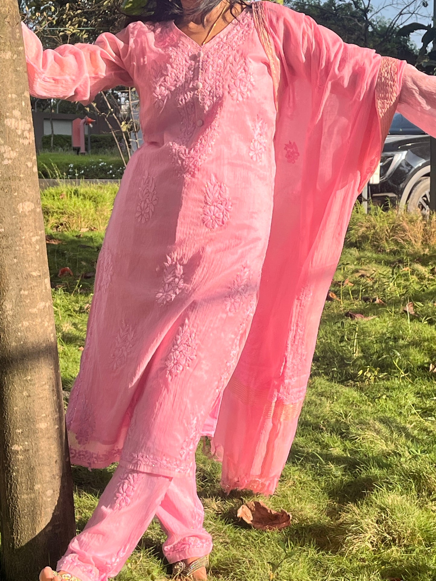 Mul Chanderi 4PC Heavy Chikankari Suit with Mukesh - Pink