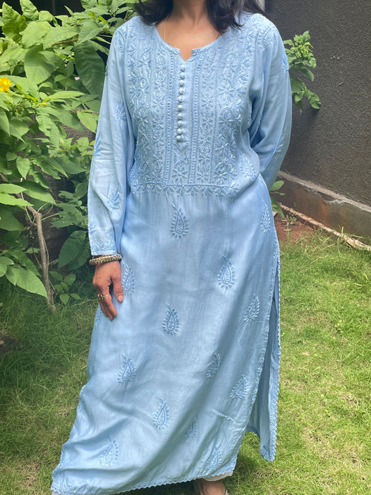 Muslin Chikankari Solid Women's Long Kurta - Blue
