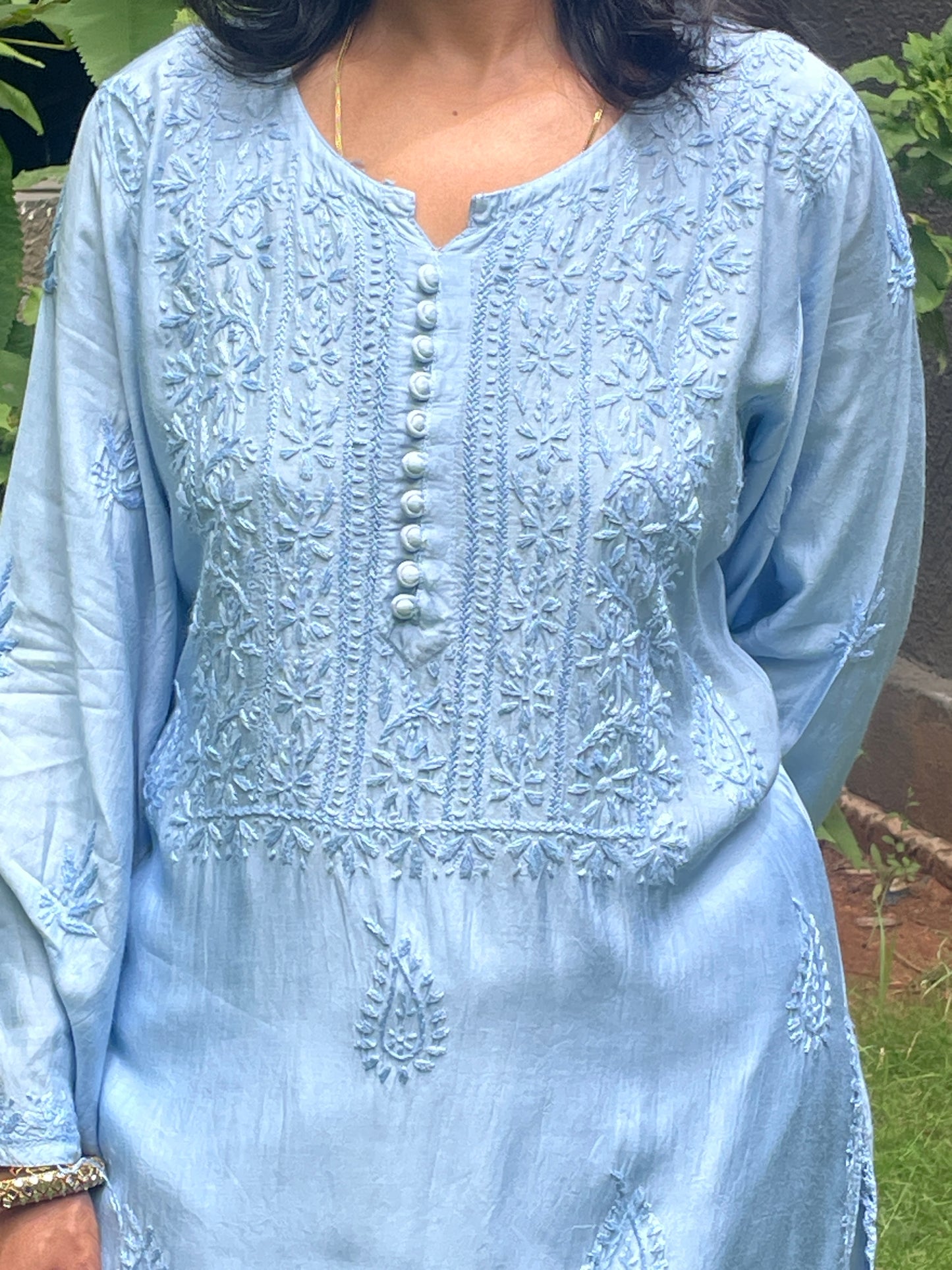 Muslin Chikankari Solid Women's Long Kurta - Blue
