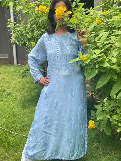 Muslin Chikankari Solid Women's Long Kurta - Blue