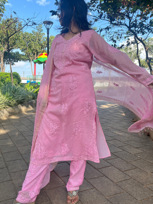 Mul Chanderi 4PC Heavy Chikankari Suit with Mukesh - Pink