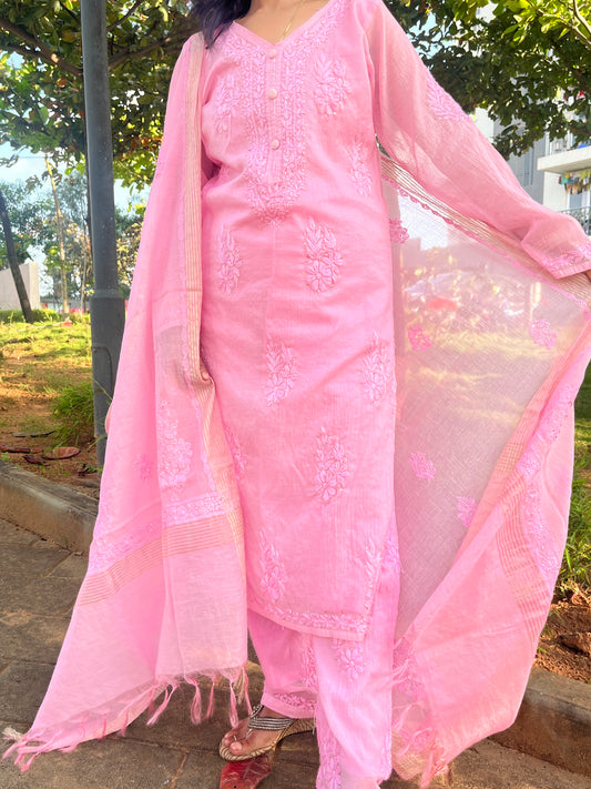 Mul Chanderi 4PC Heavy Chikankari Suit with Mukesh - Pink