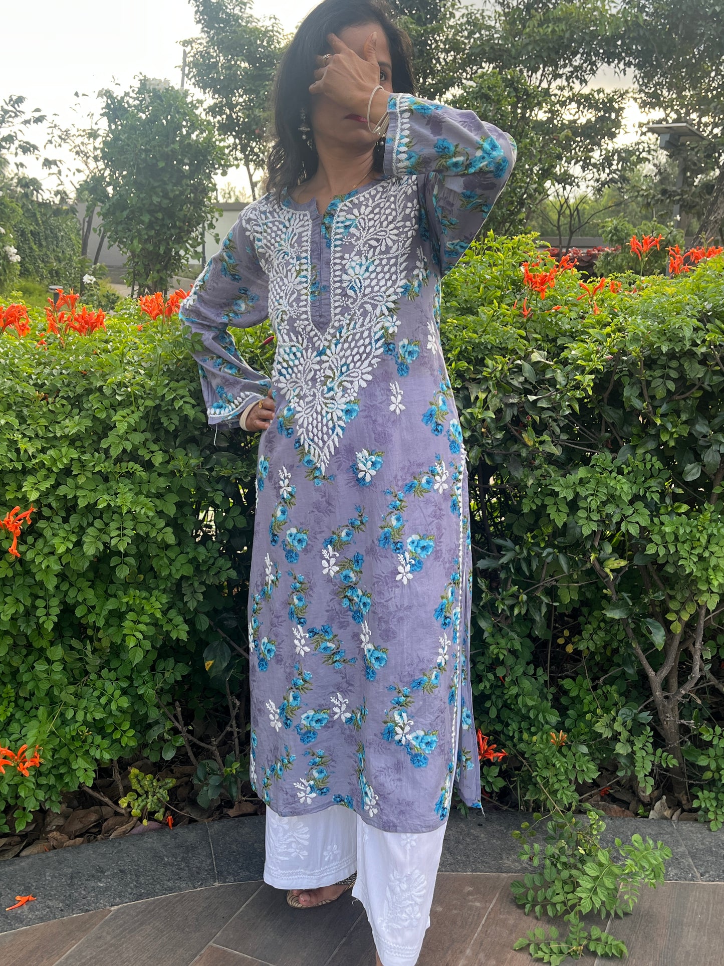 Mul Cotton Chikankari Printed Women's Long Kurta - Purple