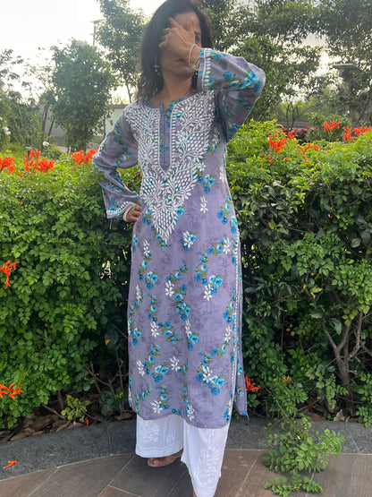 Mul Cotton Chikankari Printed Women's Long Kurta - Purple