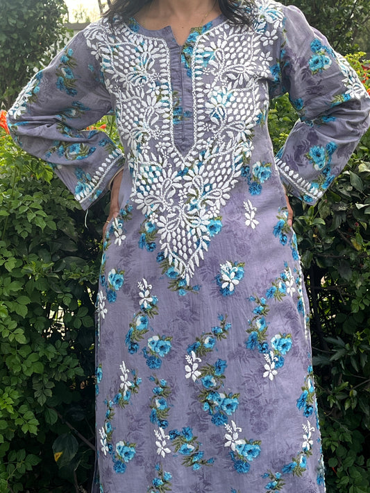 Mul Cotton Chikankari Printed Women's Long Kurta - Purple