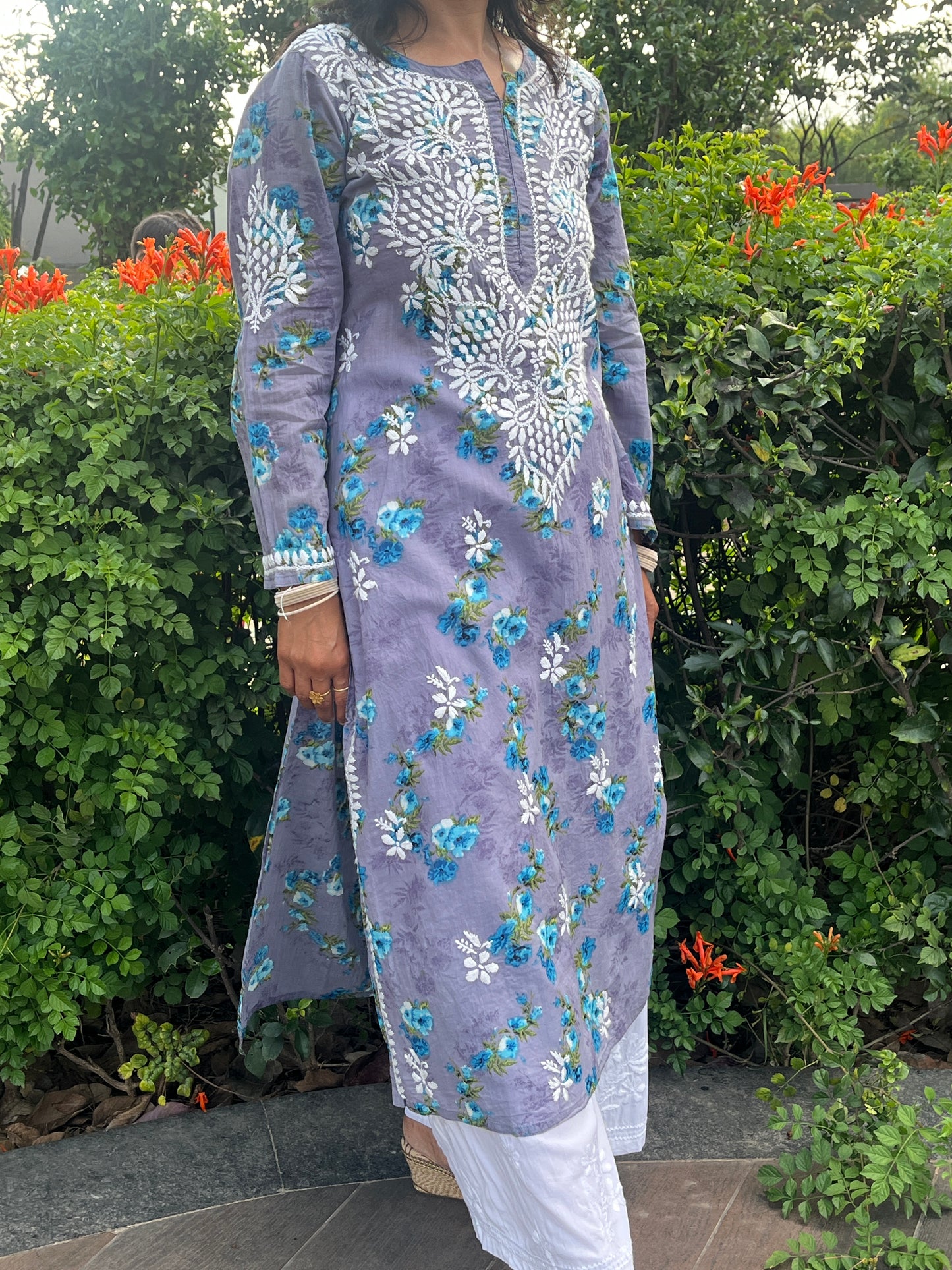 Mul Cotton Chikankari Printed Women's Long Kurta - Purple