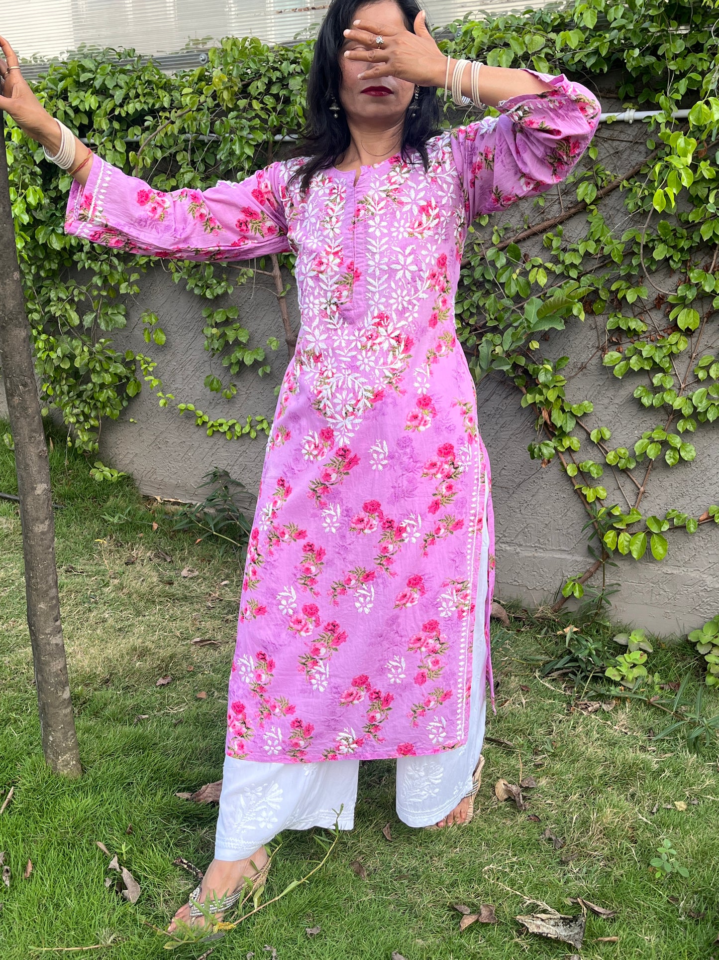 Mul Cotton Chikankari Printed Women's Long Kurta - Pink