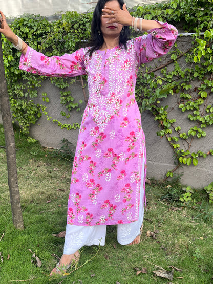 Mul Cotton Chikankari Printed Women's Long Kurta - Pink
