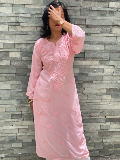Modal Chikankari Women's Long Kurta - Peach