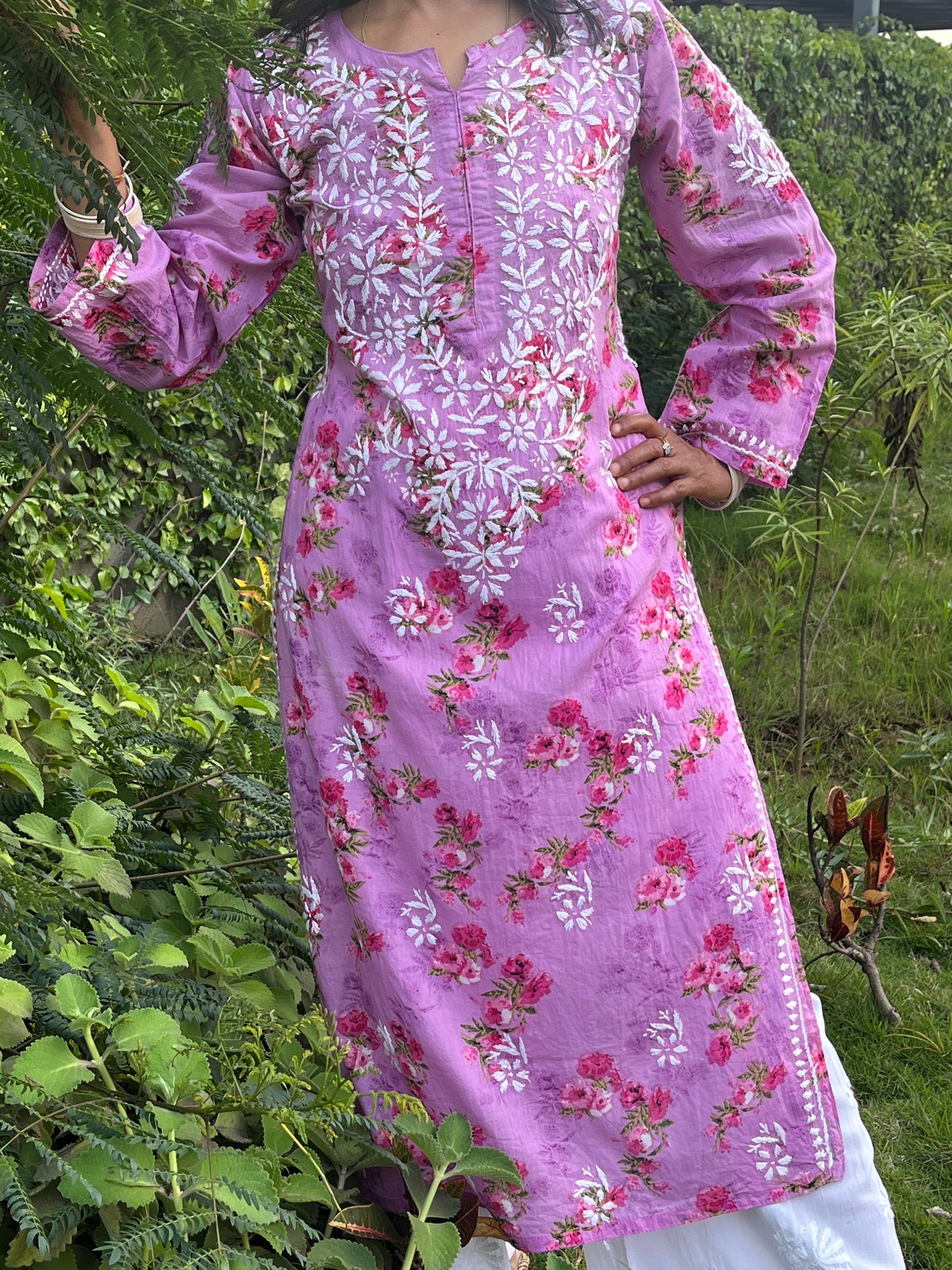 Mul Cotton Chikankari Printed Women's Long Kurta - Pink