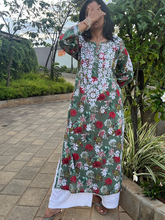 Mul Cotton Chikankari Printed Women's Long Kurta - Green