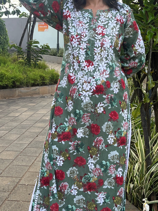 Mul Cotton Chikankari Printed Women's Long Kurta - Green