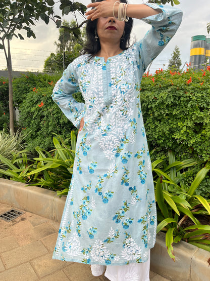 Mul Cotton Chikankari Printed Women's Long Kurta - Blue