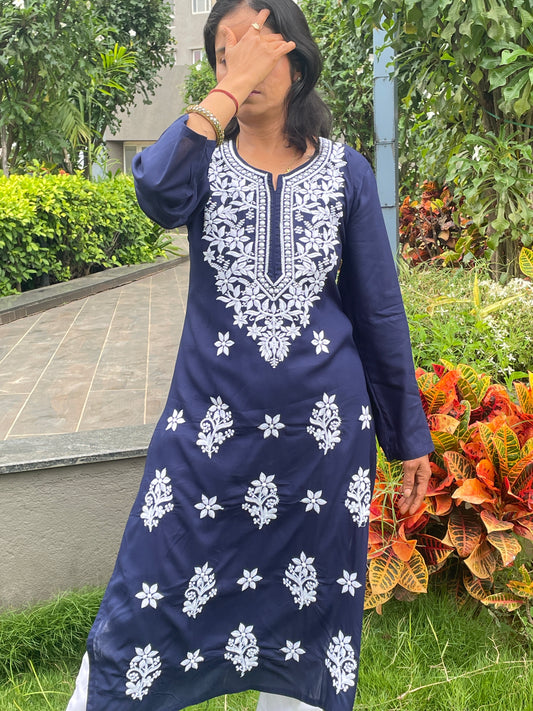Rayon Chikankari Women's Long Kurta - Navi Blue