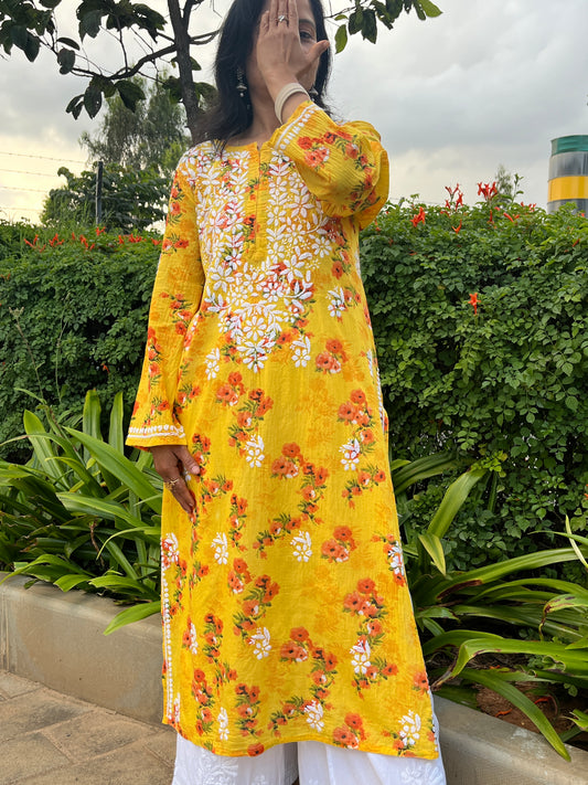Mul Cotton Chikankari Printed Women's Long Kurta - Yellow