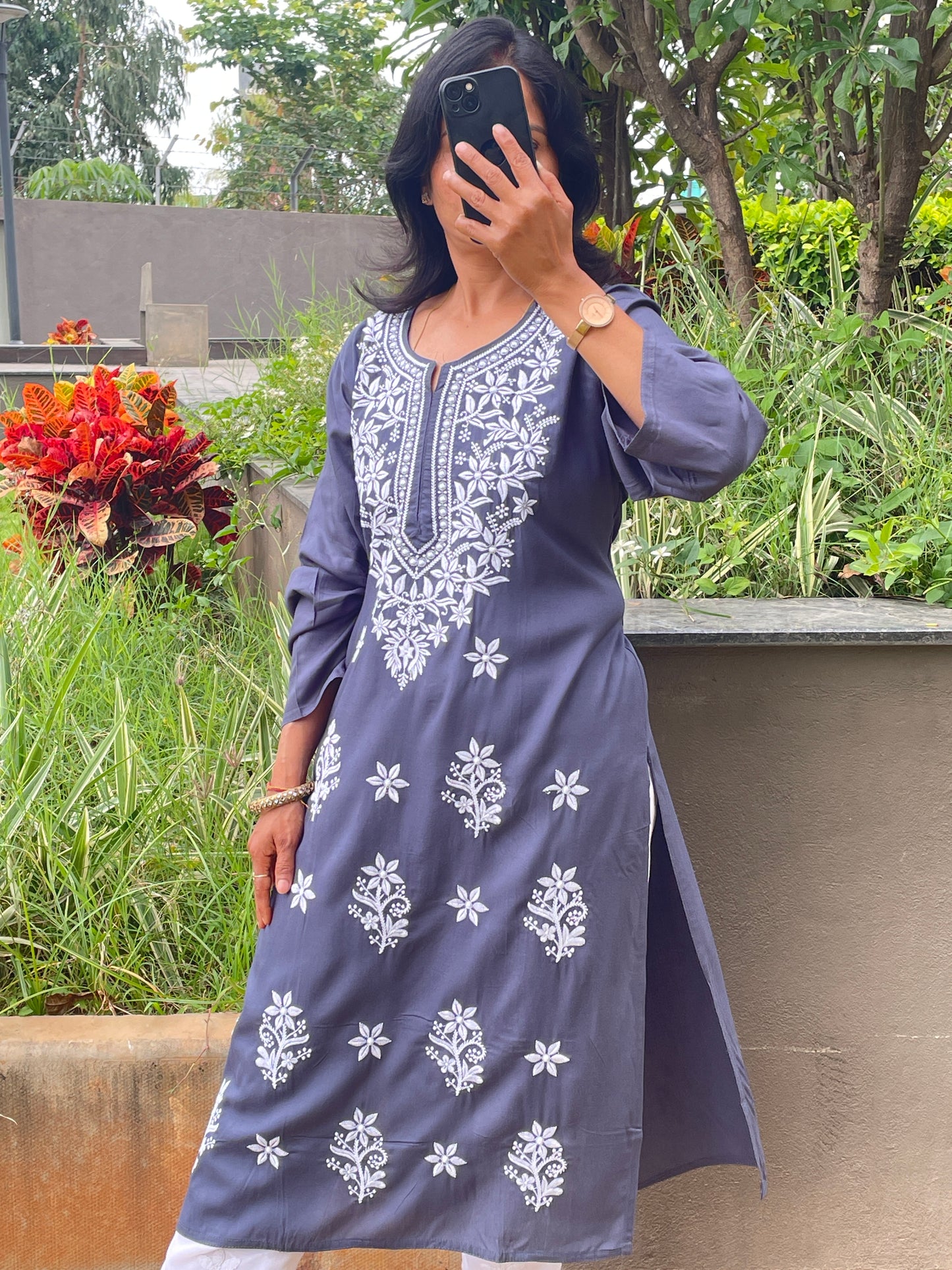 Rayon Chikankari Women's Long Kurta - Gray