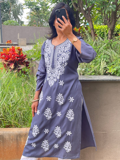 Rayon Chikankari Women's Long Kurta - Gray