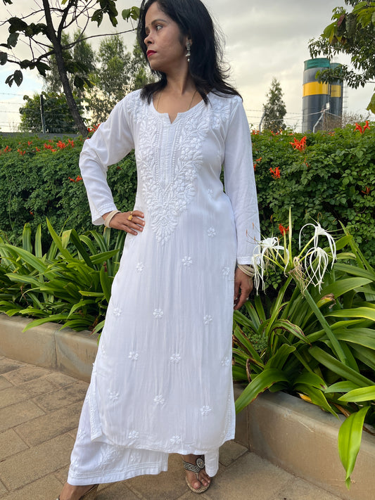 Rayon Chikankari  Long Kurta Set- White