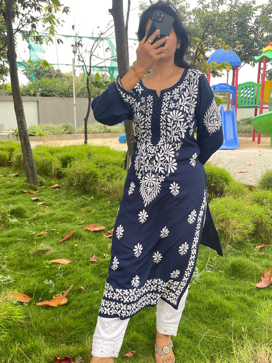 Modal Chikankari Women's Long Kurta - Navi Blue