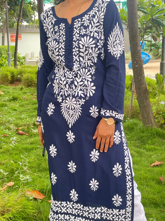 Modal Chikankari Women's Long Kurta - Navi Blue