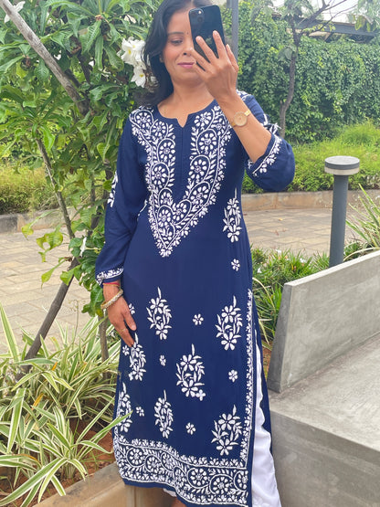 Modal Chikankari Women's Long Kurta - Navi Blue
