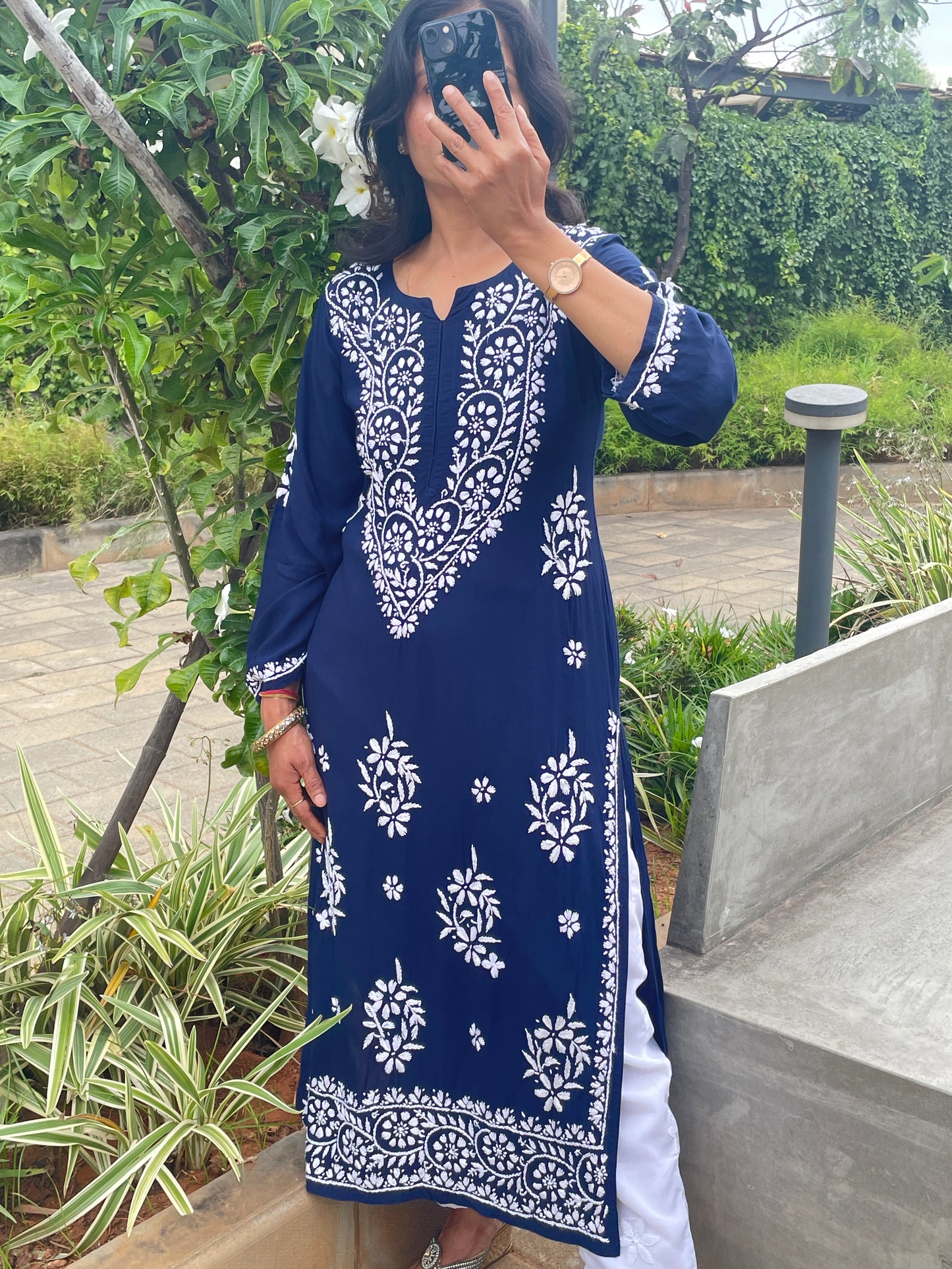 Modal Chikankari Women's Long Kurta - Navi Blue