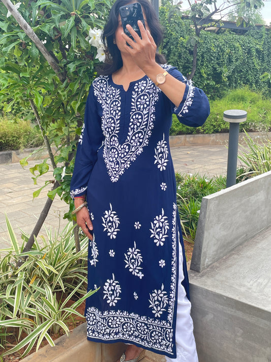 Modal Chikankari Women's Long Kurta - Navi Blue