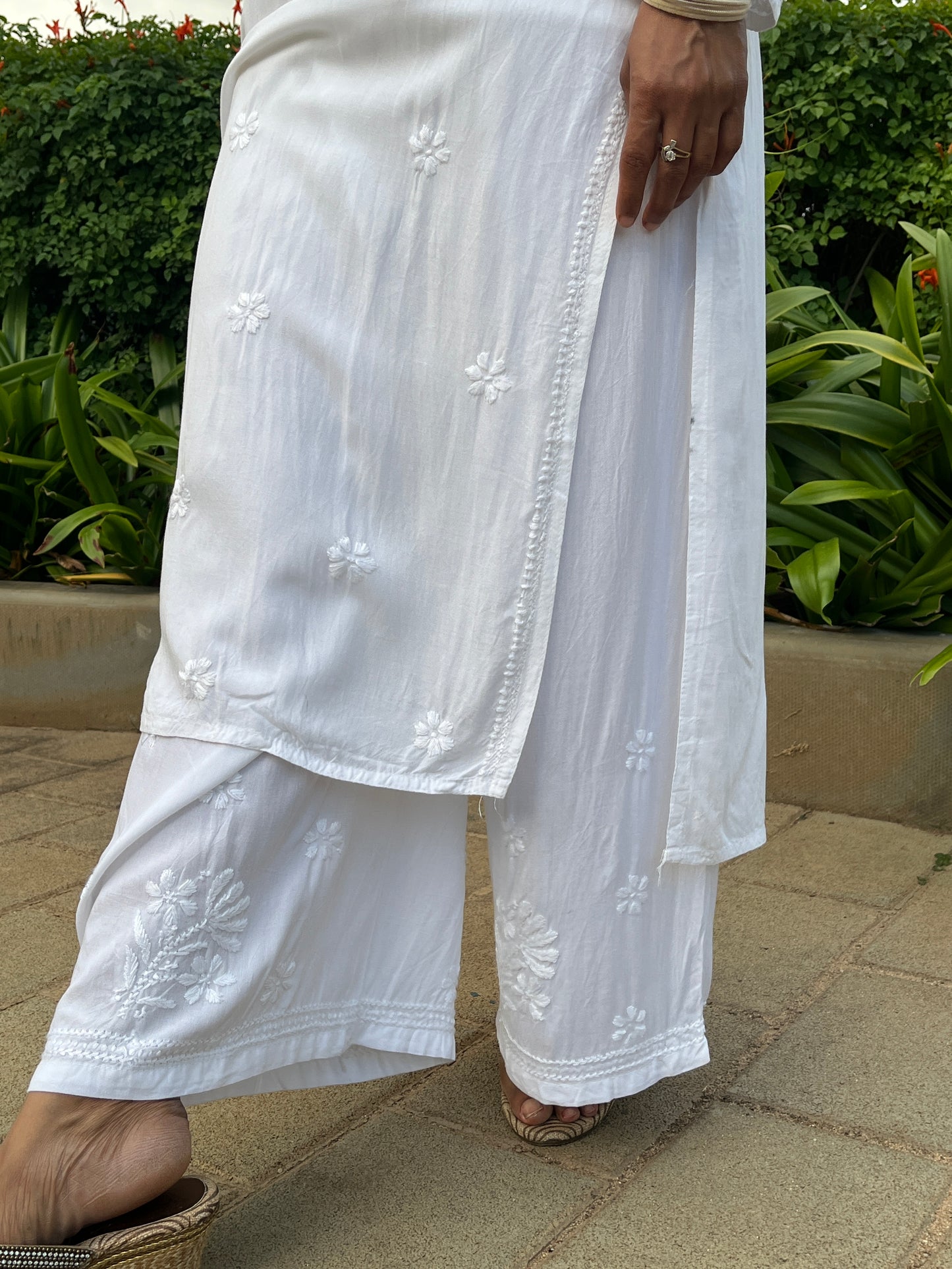 Rayon Chikankari  Long Kurta Set- White