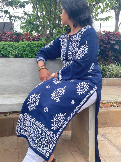 Modal Chikankari Women's Long Kurta - Navi Blue