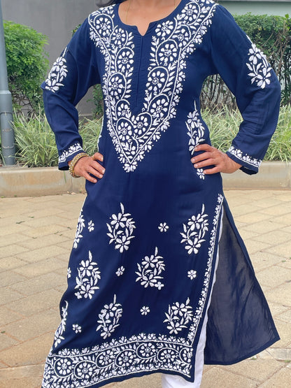 Modal Chikankari Women's Long Kurta - Navi Blue