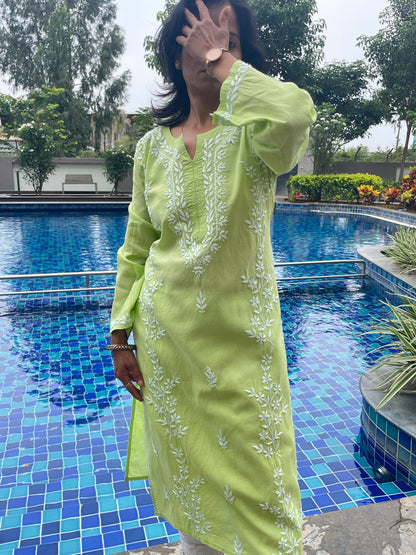Cotton Chikankari Solid Women's Long Kurta - Green